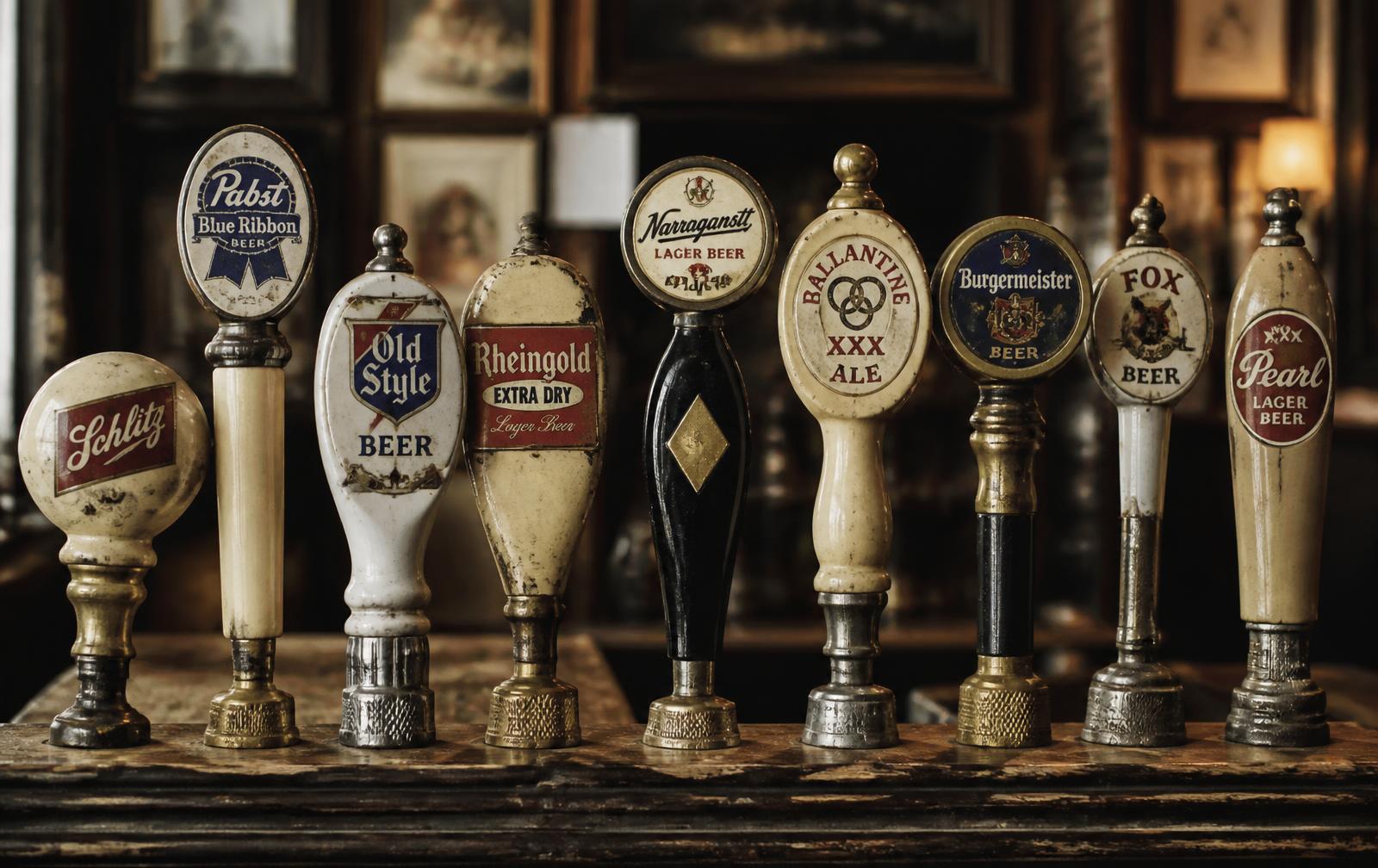 Une rangée de tap handles américaines vintage sur un comptoir de bar patiné